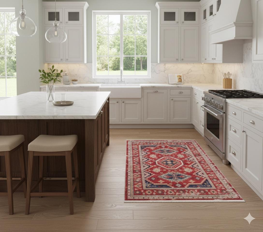 Red Turkish Style Area Rug: Geometric Medallion Design