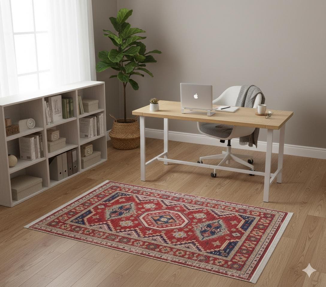 Red Turkish Style Area Rug: Geometric Medallion Design