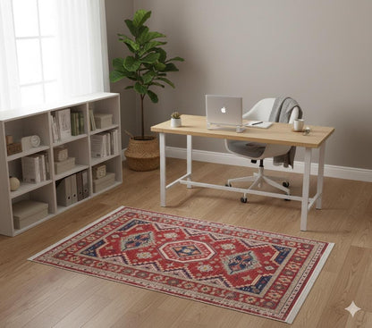 Red Turkish Style Area Rug: Geometric Medallion Design