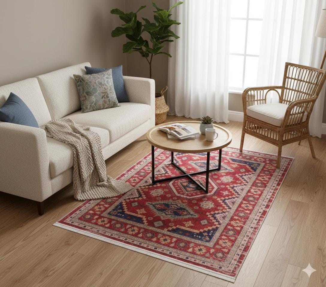 Red Turkish Style Area Rug: Geometric Medallion Design