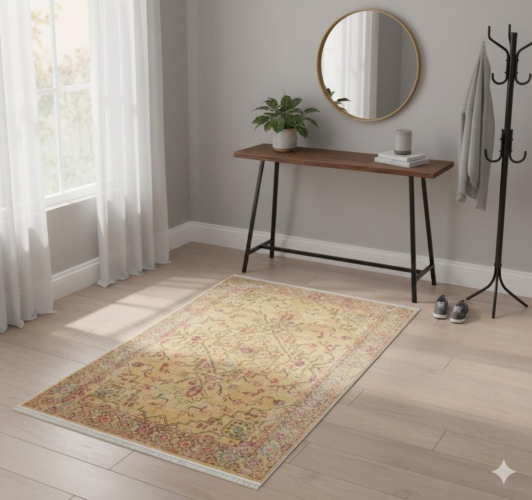 Light yellow Turkish-style rug with floral and vine motifs and a detailed decorative border