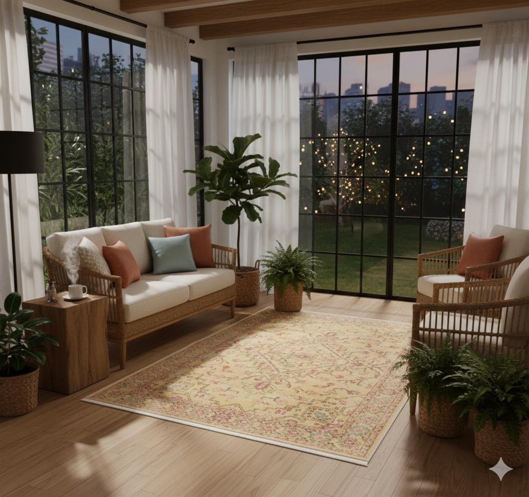 Light yellow Turkish-style rug with floral and vine motifs and a detailed decorative border