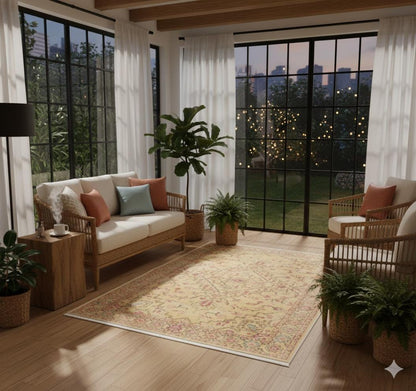 Light yellow Turkish-style rug with floral and vine motifs and a detailed decorative border