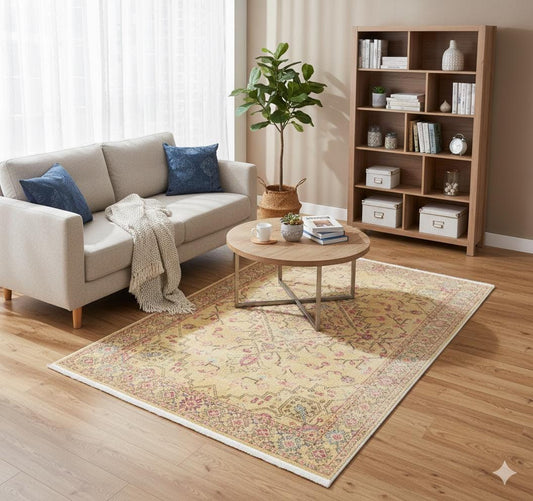 Light yellow Turkish-style rug with floral and vine motifs and a detailed decorative border