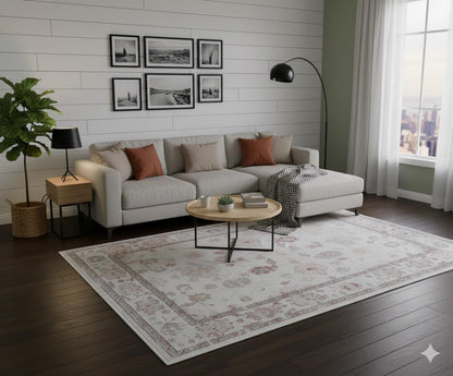 Faded Light Gray Turkish Rug: Soft Floral Vintage Style Area Carpet