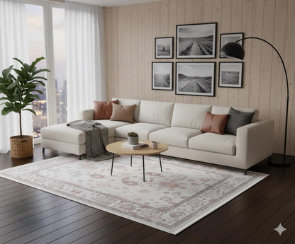 Faded Light Gray Turkish Rug: Soft Floral Vintage Style Area Carpet