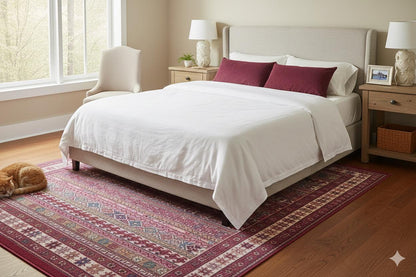 Red Oriental Kazak Rug: Vintage Washable Carpet with Tassels