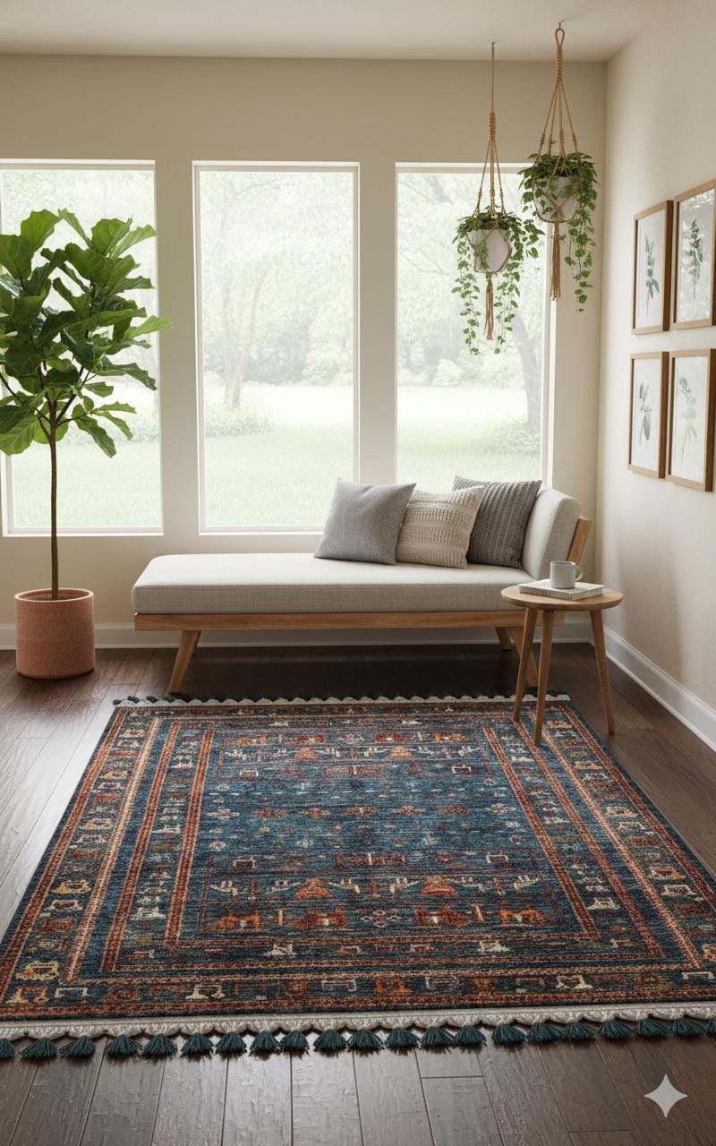 Blue Vintage Oriental Rug: Washable Living Room Rug with Tassels