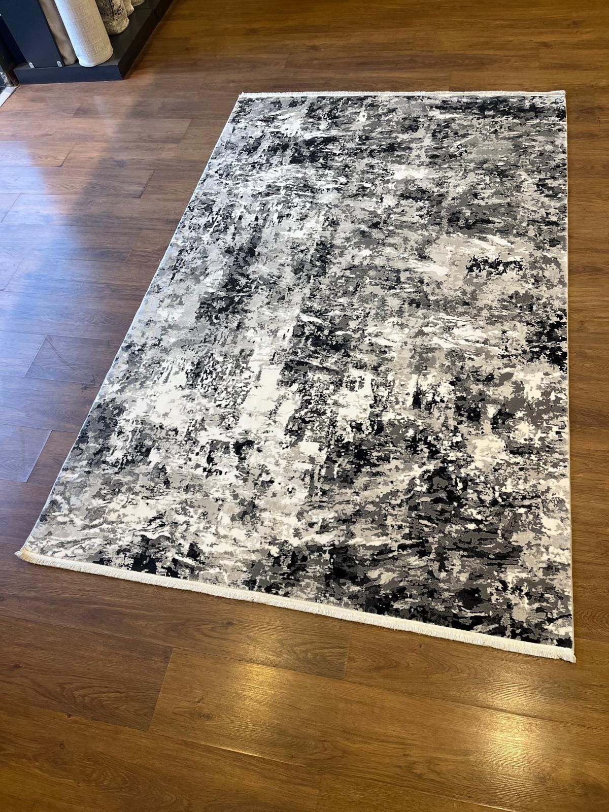 Modern Abstract Area Rug – Black, White, Grey Distressed Industrial Style Carpet