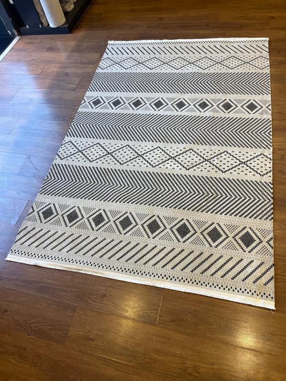 Modern Boho Tribal Area Rug – Black Cream Geometric Flatweave Carpet (160x230 cm)