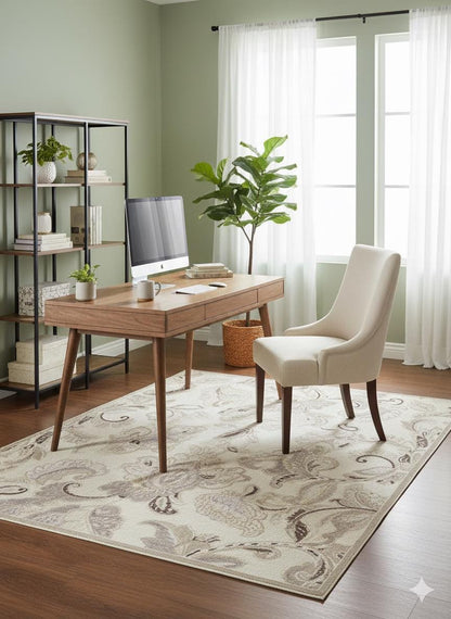 Beige Floral Area Rug, Classic Living Room Carpet, Easy Clean Low Pile (160x230 cm)
