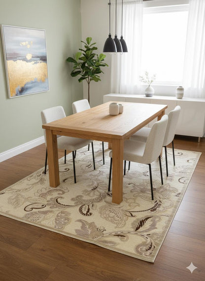 Beige Floral Area Rug, Classic Living Room Carpet, Easy Clean Low Pile (160x230 cm)