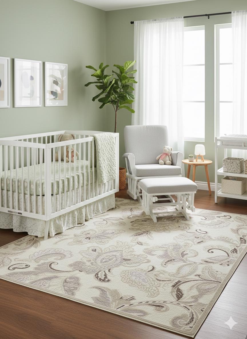 Beige Floral Area Rug, Classic Living Room Carpet, Easy Clean Low Pile (160x230 cm)
