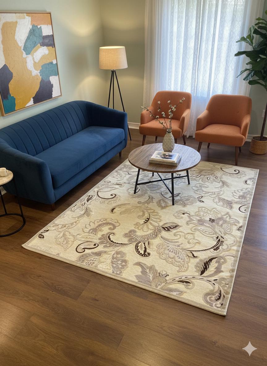Beige Floral Area Rug, Classic Living Room Carpet, Easy Clean Low Pile (160x230 cm)