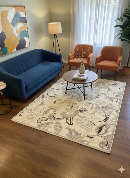 Beige Floral Area Rug, Classic Living Room Carpet, Easy Clean Low Pile (160x230 cm)
