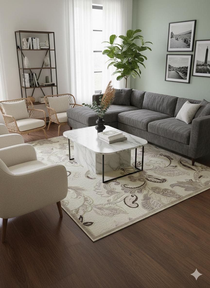 Beige Floral Area Rug, Classic Living Room Carpet, Easy Clean Low Pile (160x230 cm)