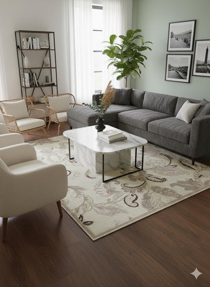 Beige Floral Area Rug, Classic Living Room Carpet, Easy Clean Low Pile (160x230 cm)