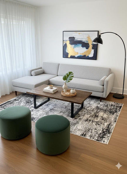 Modern Abstract Area Rug – Black, White, Grey Distressed Industrial Style Carpet