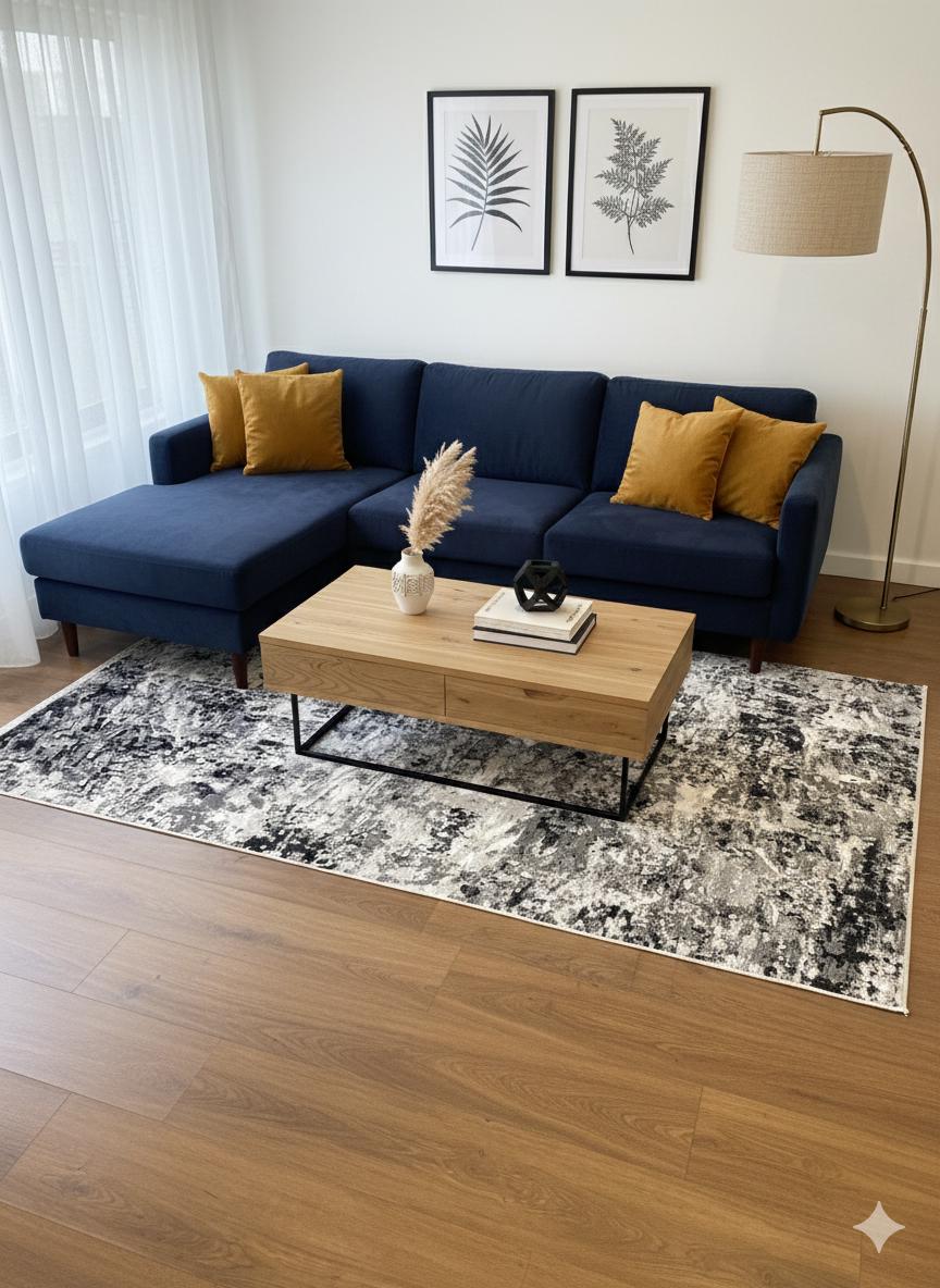 Modern Abstract Area Rug – Black, White, Grey Distressed Industrial Style Carpet