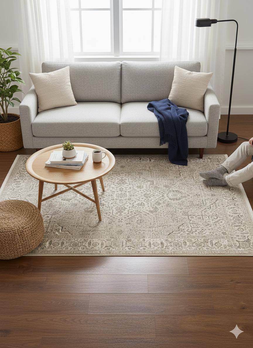 Distressed Persian Medallion Area Rug – Neutral Boho Living Room Carpet (5x8 ft)