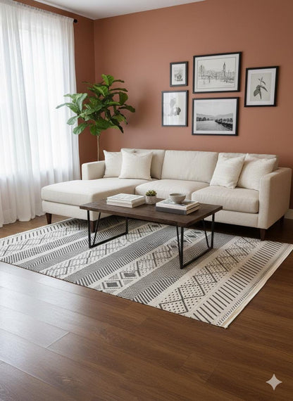 Modern Boho Tribal Area Rug – Black Cream Geometric Flatweave Carpet (160x230 cm)