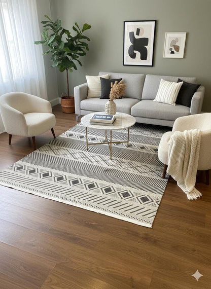 Modern Boho Tribal Area Rug – Black Cream Geometric Flatweave Carpet (160x230 cm)