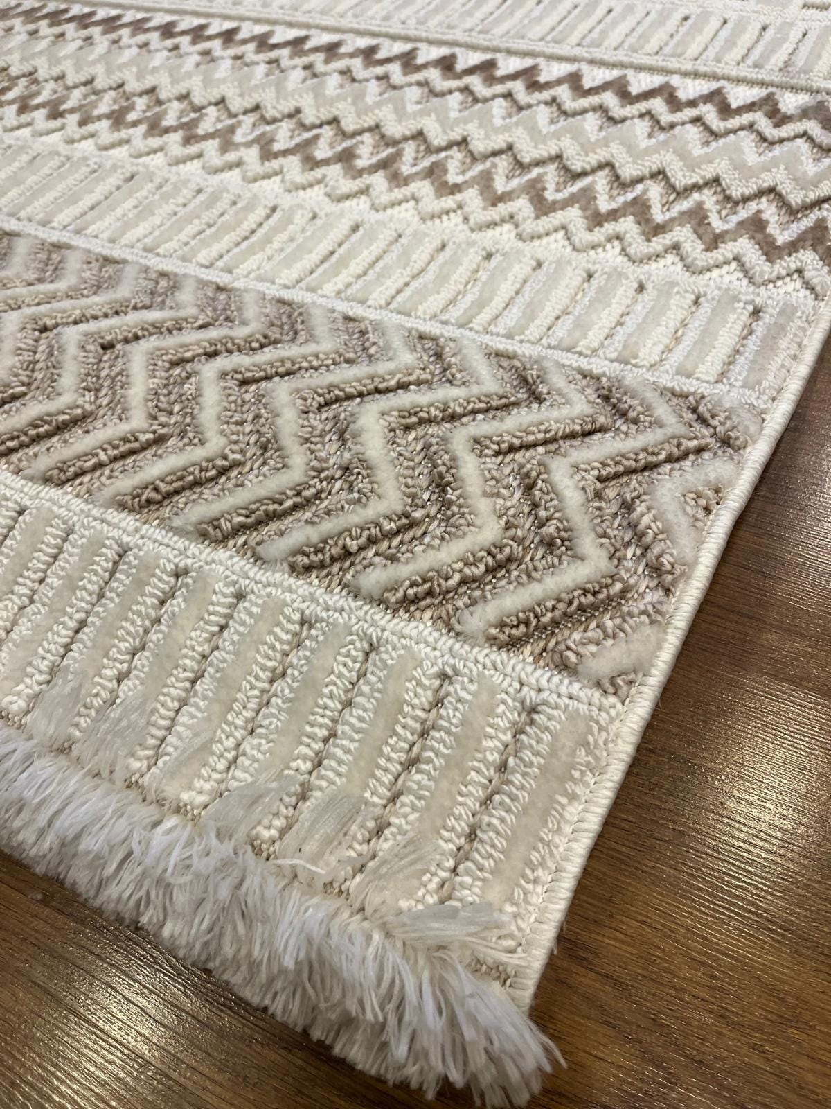 Modern Boho Geometric Area Rug – Cream Tribal Textured Wool Carpet
