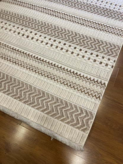 Modern Boho Geometric Area Rug – Cream Tribal Textured Wool Carpet