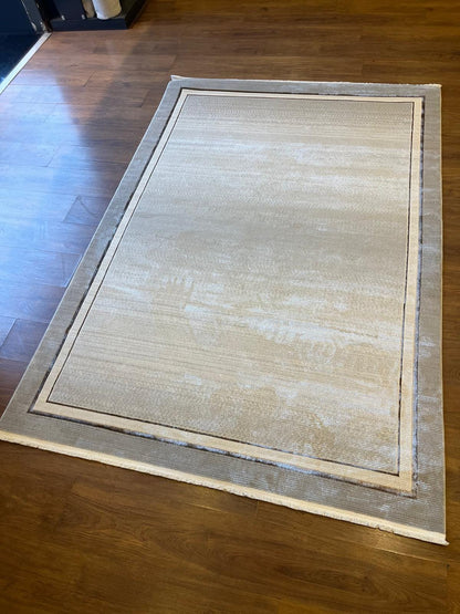 Modern Gray Cream Taupe Area Rug • Minimalist Gold Border Living Room Carpet