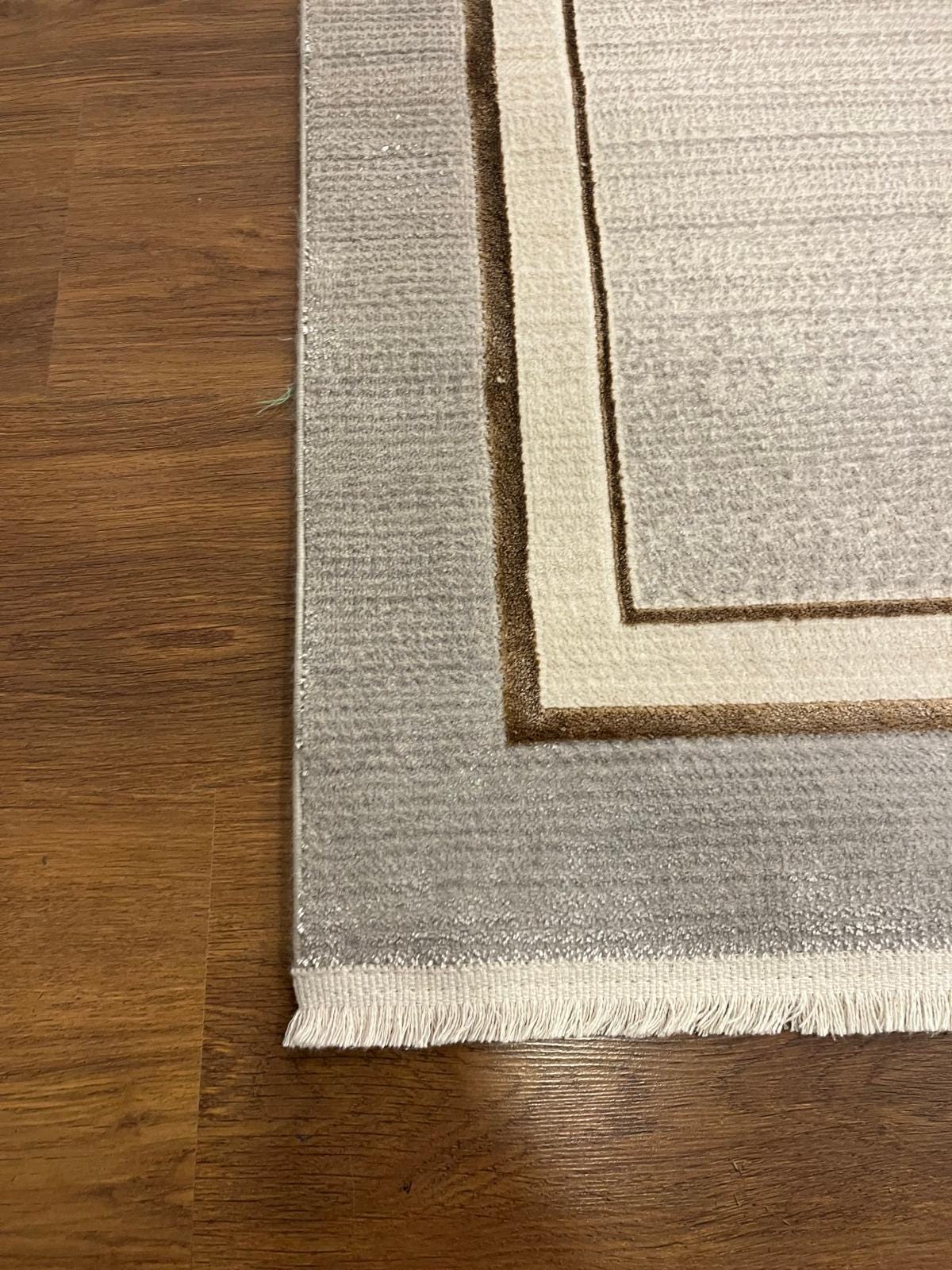 Modern Gray Cream Taupe Area Rug • Minimalist Gold Border Living Room Carpet
