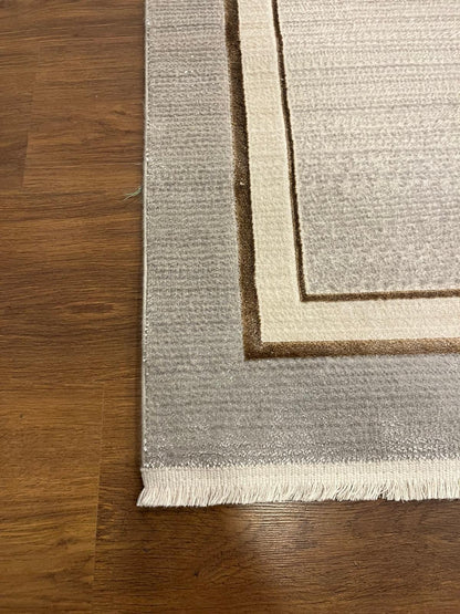 Modern Gray Cream Taupe Area Rug • Minimalist Gold Border Living Room Carpet