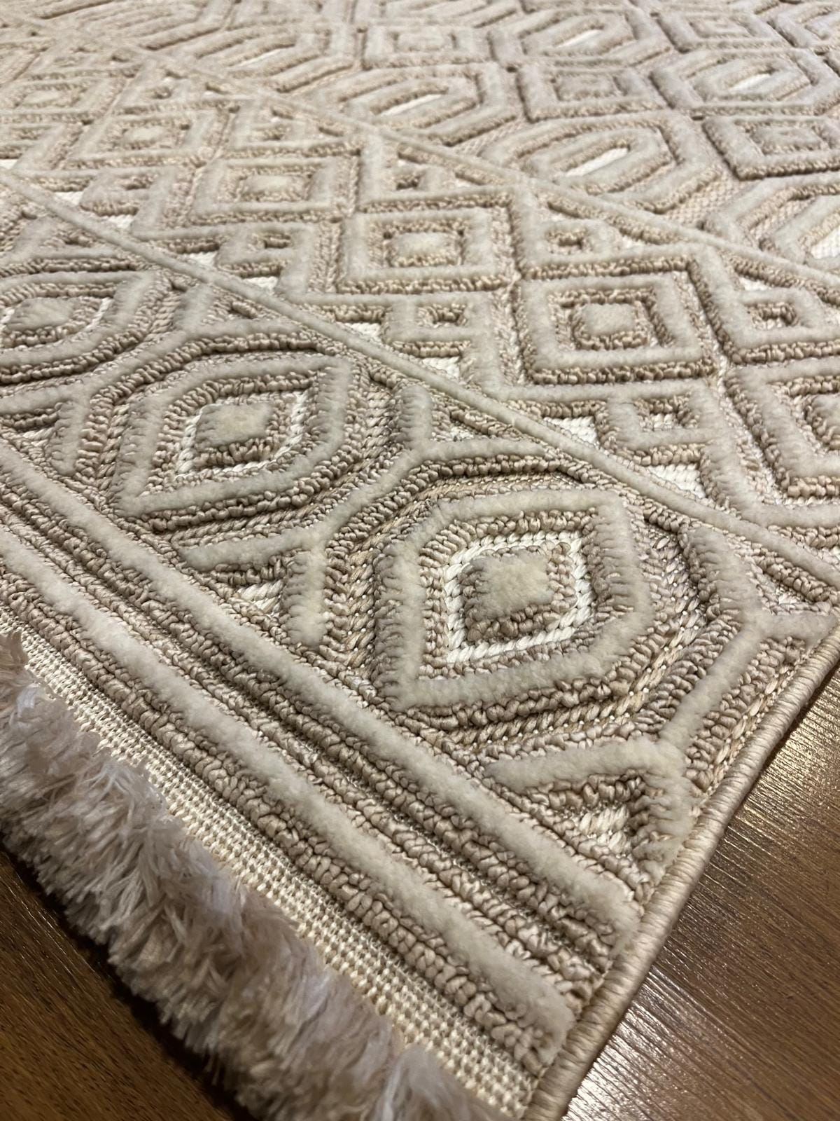 Handwoven Geometric Area Rug – Neutral Beige Boho Carpet, Tribal Diamond Texture