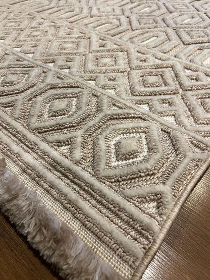 Handwoven Geometric Area Rug – Neutral Beige Boho Carpet, Tribal Diamond Texture