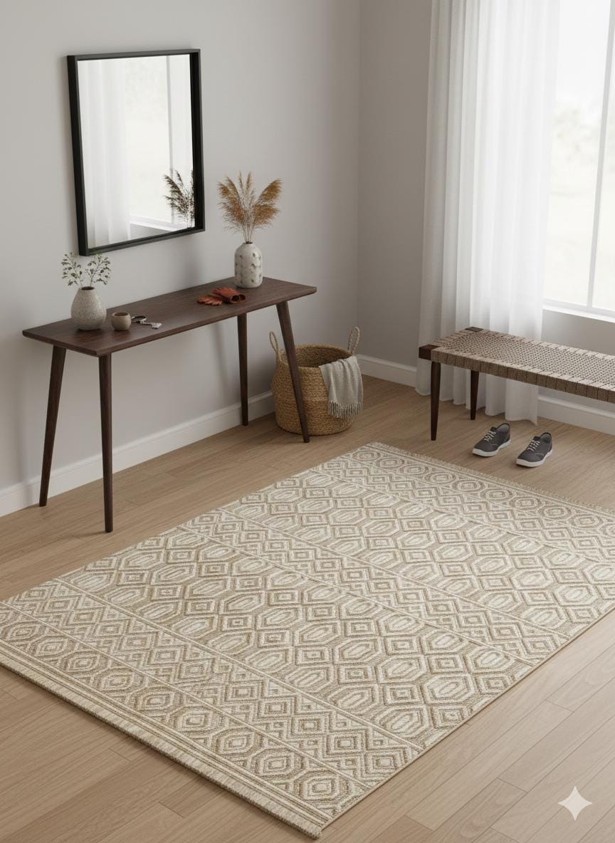 Handwoven Geometric Area Rug – Neutral Beige Boho Carpet, Tribal Diamond Texture