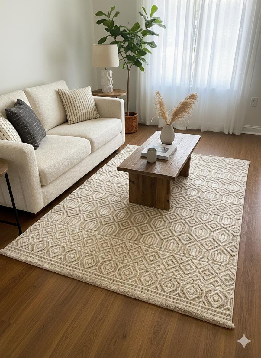 Handwoven Geometric Area Rug – Neutral Beige Boho Carpet, Tribal Diamond Texture