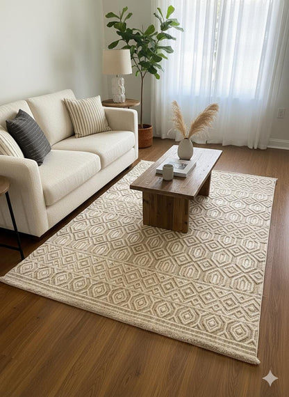 Handwoven Geometric Area Rug – Neutral Beige Boho Carpet, Tribal Diamond Texture