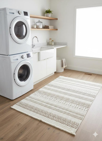 Modern Boho Geometric Area Rug – Cream Tribal Textured Wool Carpet