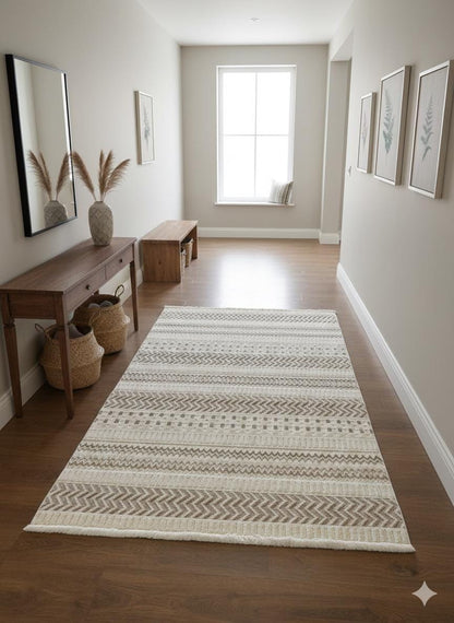Modern Boho Geometric Area Rug – Cream Tribal Textured Wool Carpet