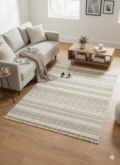 Modern Boho Geometric Area Rug – Cream Tribal Textured Wool Carpet