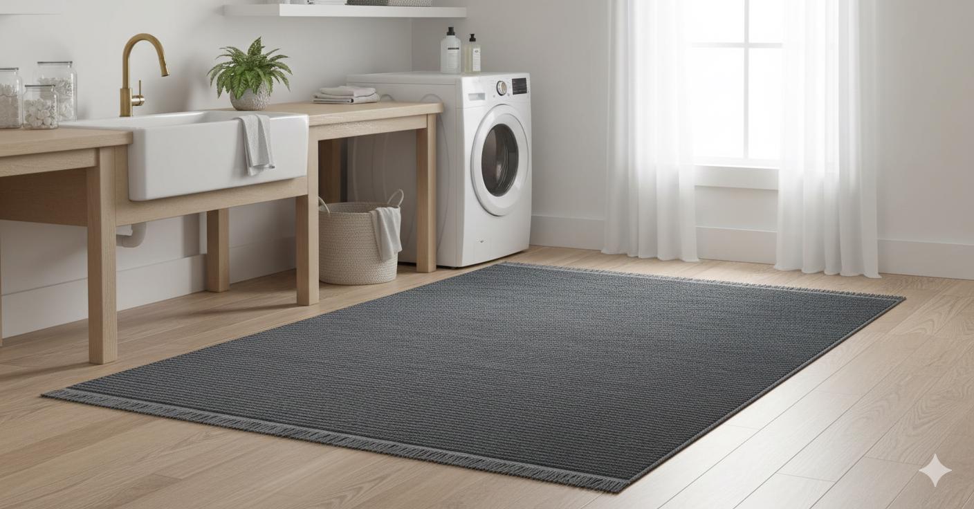 Washable Navy Blue Ribbed Area Rug – Modern Textured Cotton Carpet with Fringe