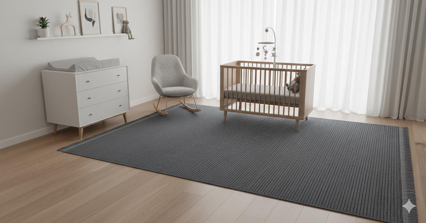 Washable Navy Blue Ribbed Area Rug – Modern Textured Cotton Carpet with Fringe