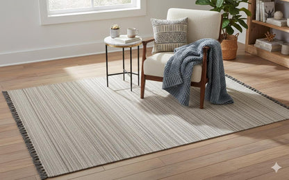 Striped Scandinavian Rug – Modern Nordic Area Rug with Fringe, Neutral Minimalist Living Room Carpet