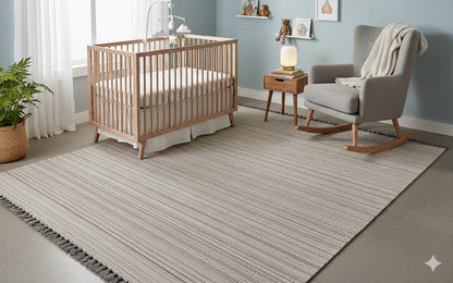 Striped Scandinavian Rug – Modern Nordic Area Rug with Fringe, Neutral Minimalist Living Room Carpet