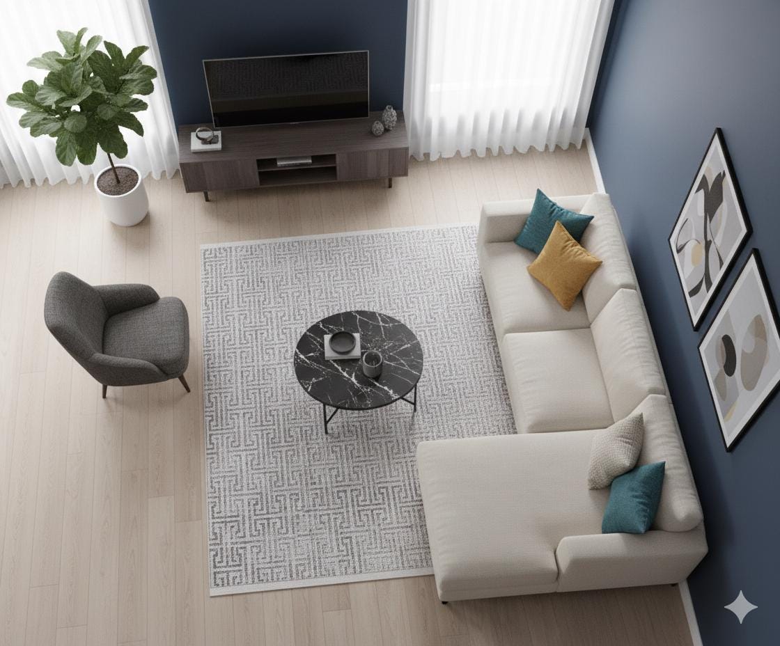 Distressed Greek Key Area Rug – Washable Cream Grey Geometric Labyrinth