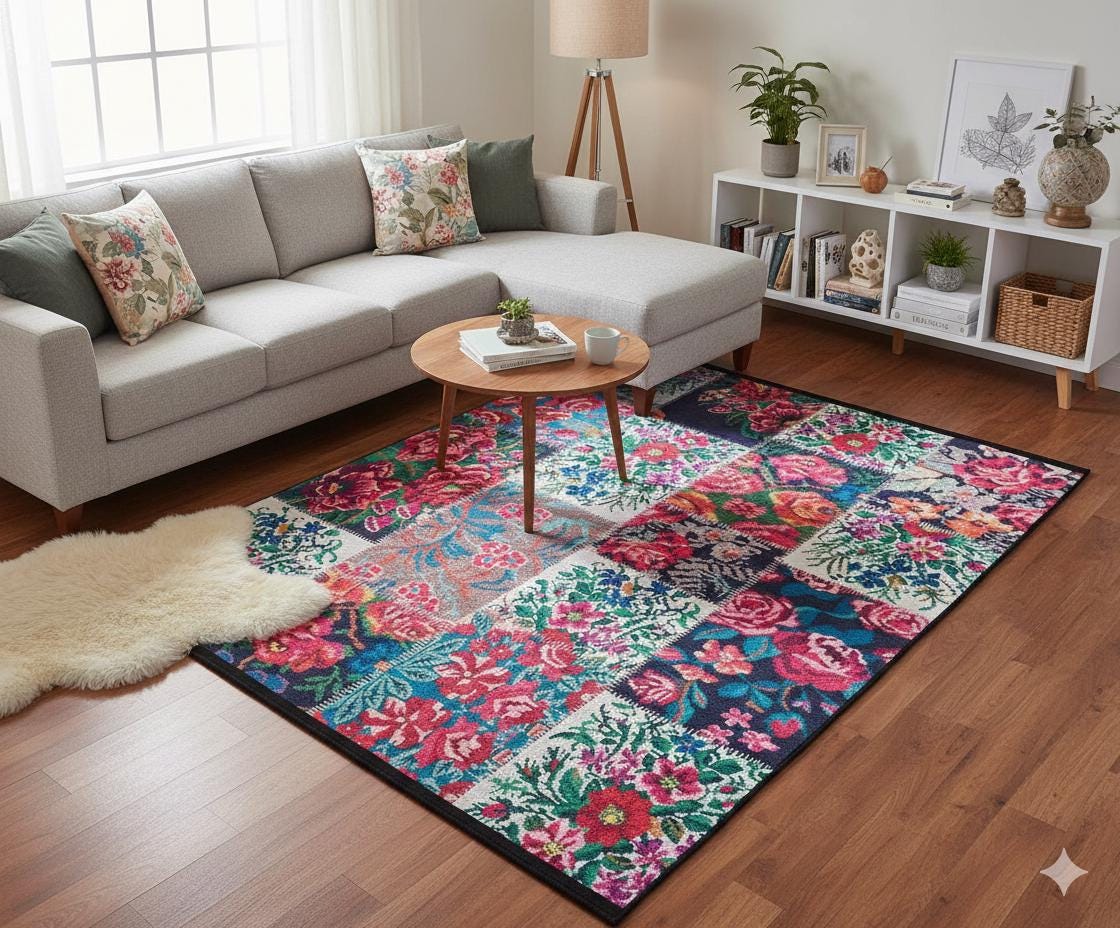 Red Floral Patchwork Rug – Washable Bohemian Area Rug – Vintage Style Living Room Carpet