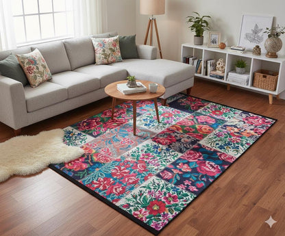 Red Floral Patchwork Rug – Washable Bohemian Area Rug – Vintage Style Living Room Carpet