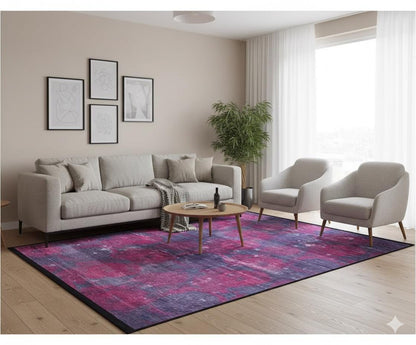 Washable Abstract Area Rug – Moody Purple Magenta Distressed Boho Home Decor