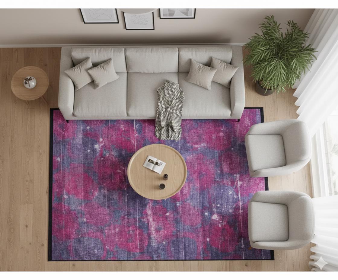 Washable Abstract Area Rug – Moody Purple Magenta Distressed Boho Home Decor