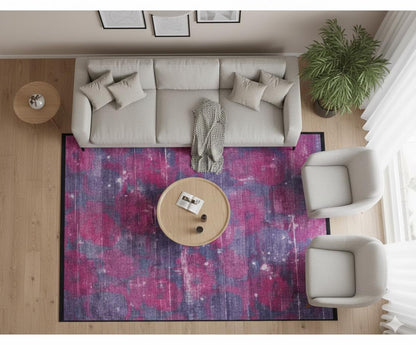 Washable Abstract Area Rug – Moody Purple Magenta Distressed Boho Home Decor