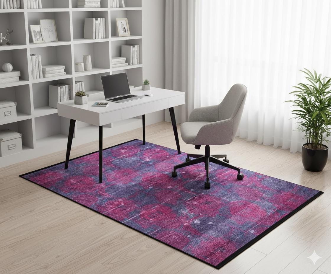Washable Abstract Area Rug – Moody Purple Magenta Distressed Boho Home Decor